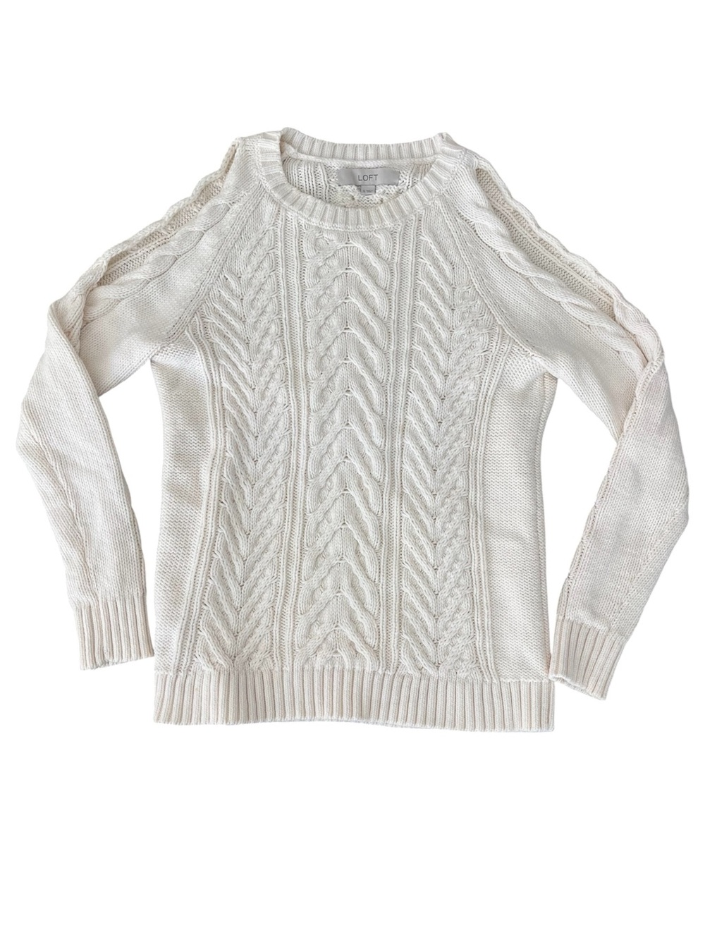 LOFT Women's Cold Shoulder Cable Knit Sweater Small Ivory Cream Pullover